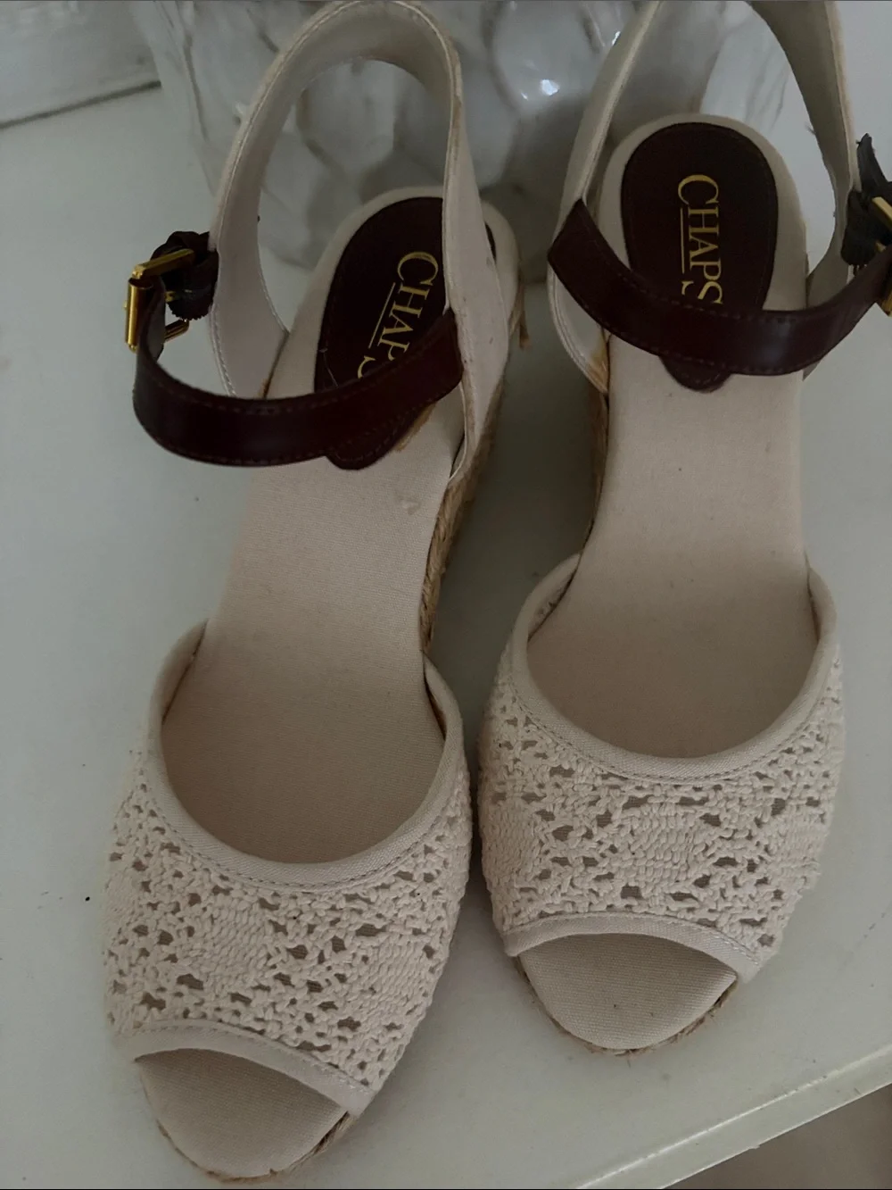 Chaps Cream Crochet Peep-Toe Wedge Sandals with Brown Ankle Strap